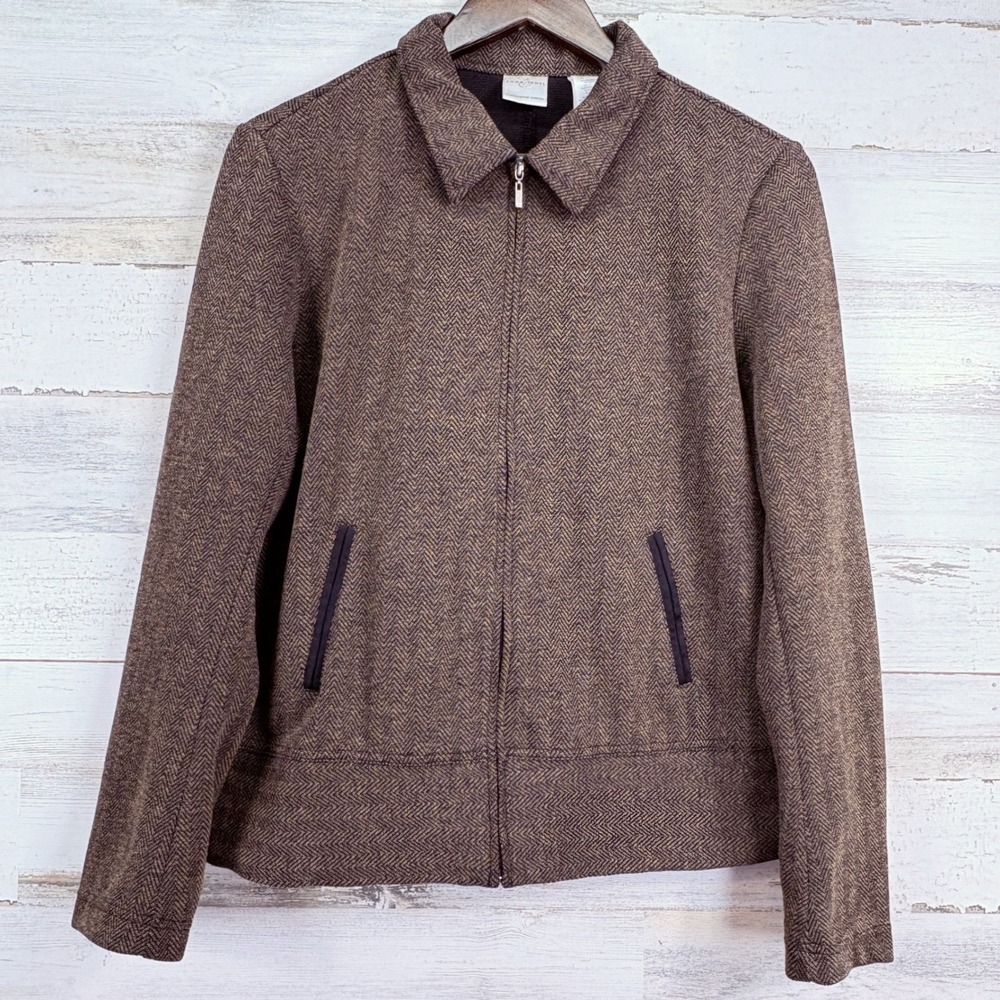 EMMA JAMES Womens Herringbone Zip Up Jacket Brown Tan Size‎ Large
